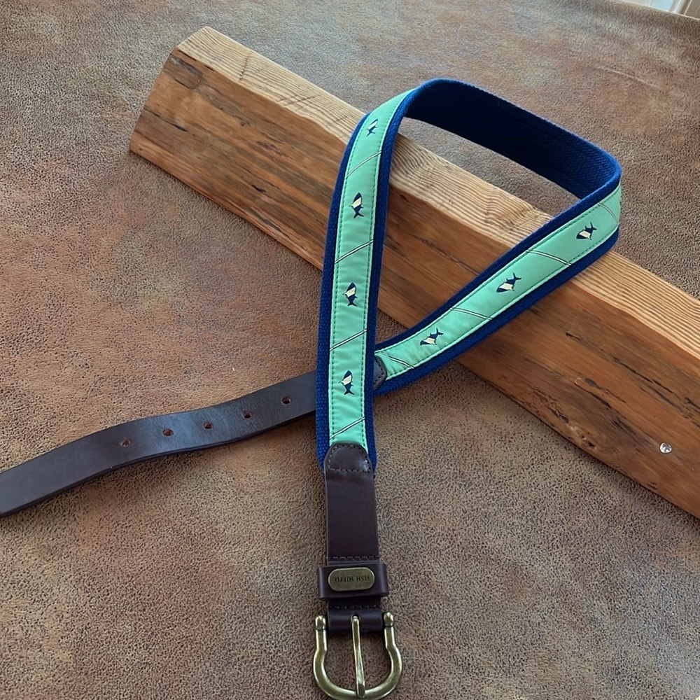 Fish Hippie Green & Blue Belt with Fish Design, leather ends, & buckle. 38